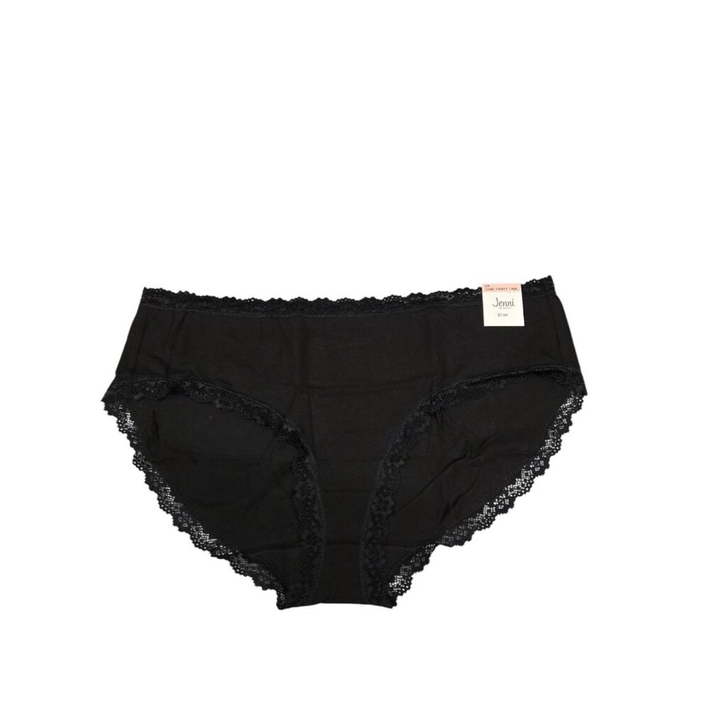 Jenni Womens 2X Black Cotton Lace Trim Hipster Panties Underwear Set Of 2 - Picture 2 of 7